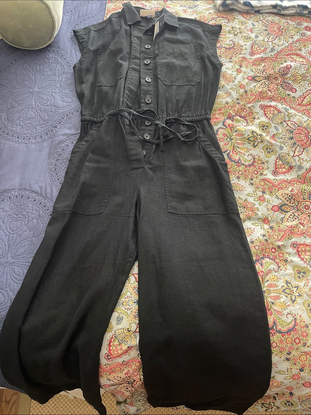Universal Thread Black Button-Front Linen-Blend Jumpsuit with Waist Tie
